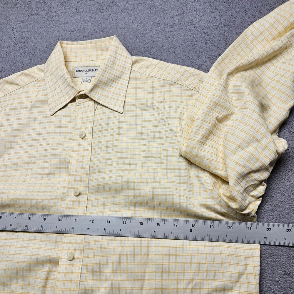 Banana Republic Mens Small Yellow White Plaid Cotton Button Down Shirt 14-14.5